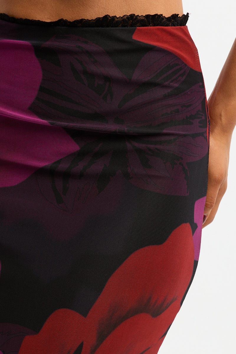 Black Floral Mesh Skirt Elasticated Lace Trim Midaxi for Ally Fashion