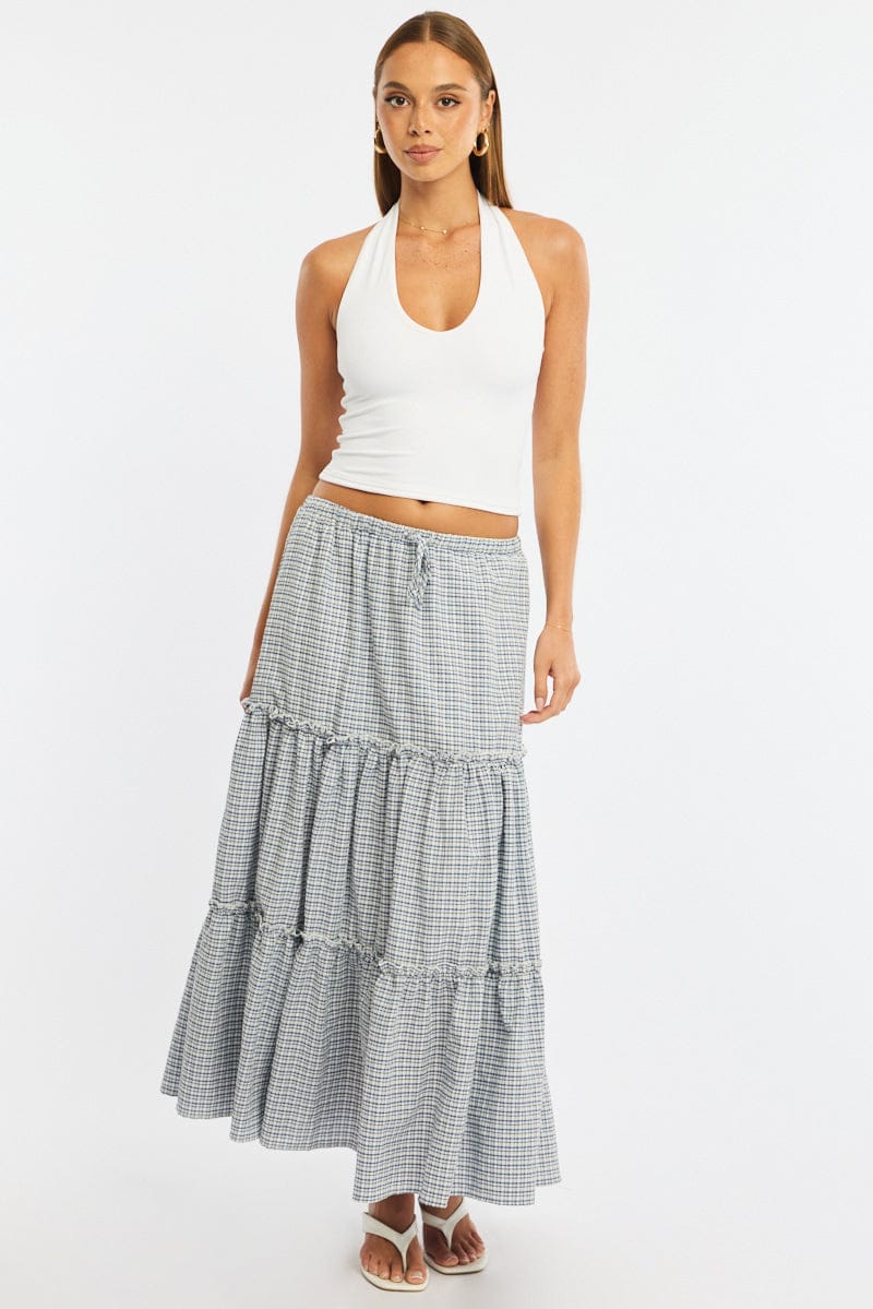 Blue Check Tiered Maxi Skirt Elastic Waist Lined for Ally Fashion
