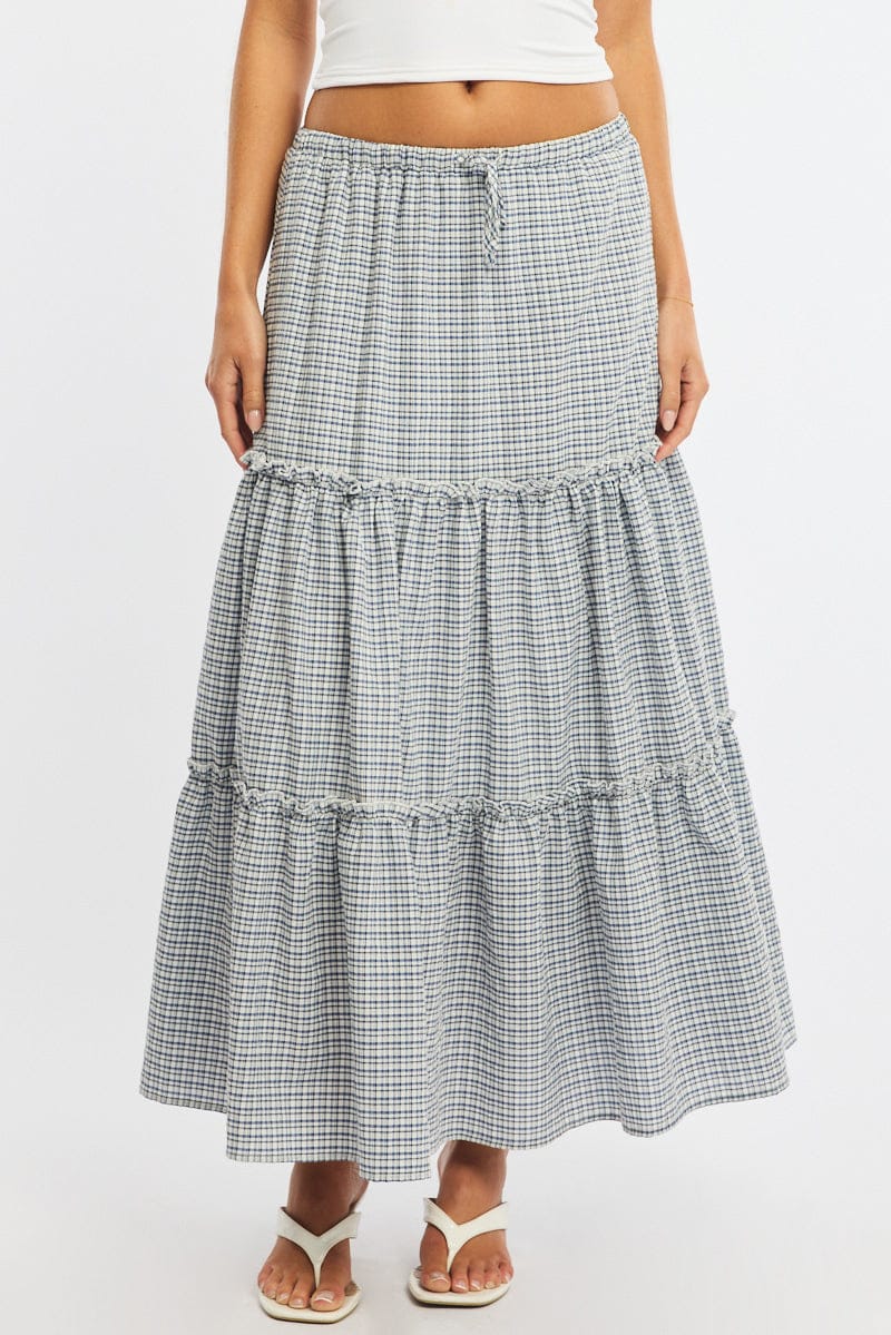 Blue Check Tiered Maxi Skirt Elastic Waist Lined for Ally Fashion