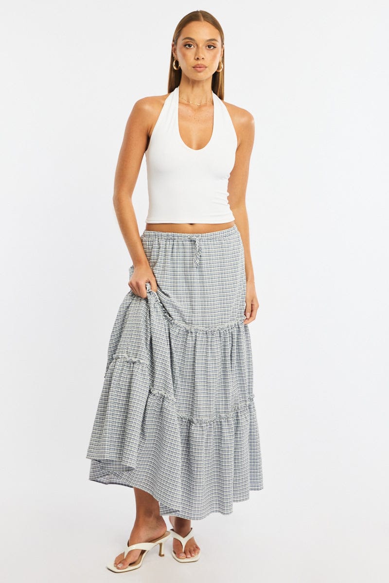 Blue Check Tiered Maxi Skirt Elastic Waist Lined for Ally Fashion