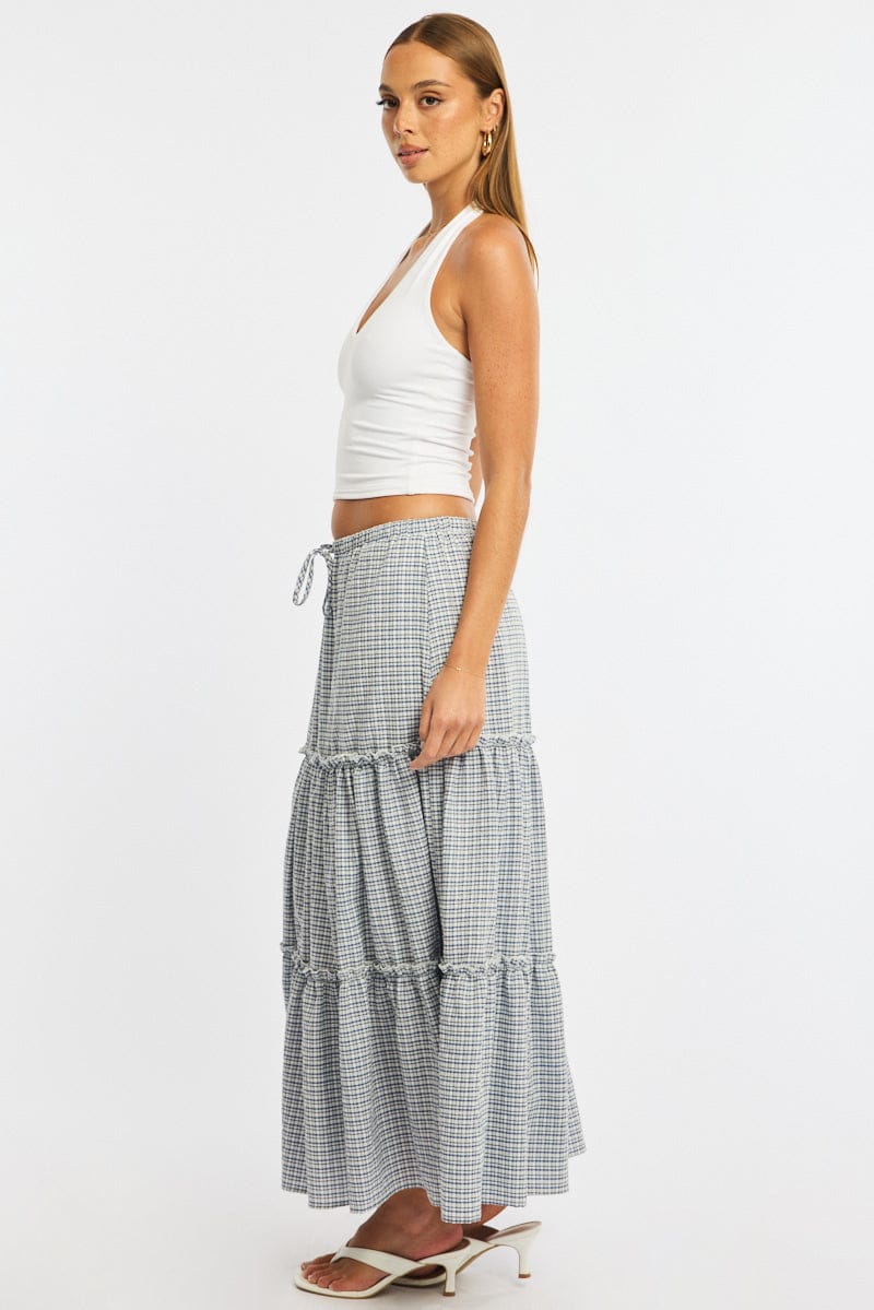 Blue Check Tiered Maxi Skirt Elastic Waist Lined for Ally Fashion