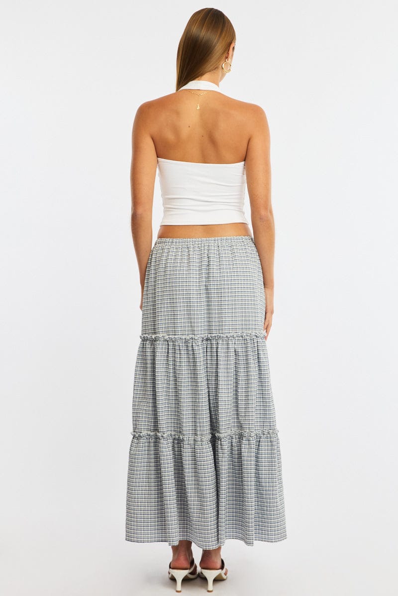 Blue Check Tiered Maxi Skirt Elastic Waist Lined for Ally Fashion