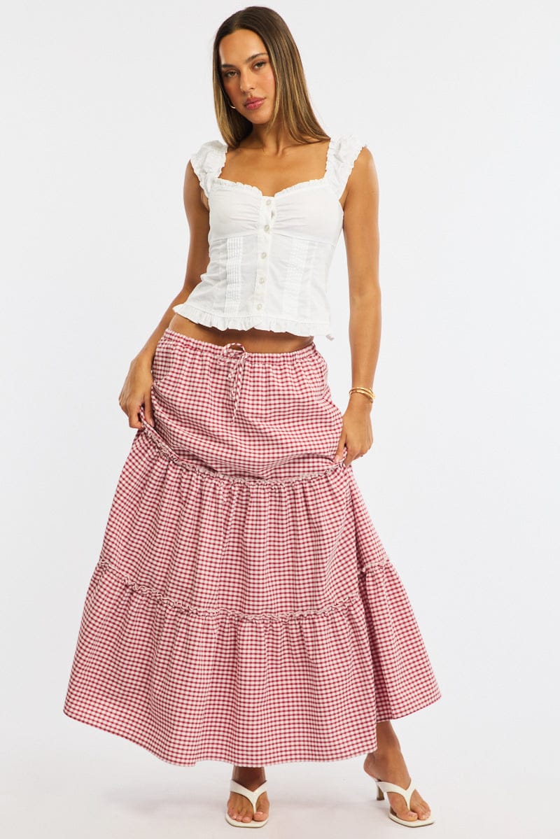 Red Check Tiered Maxi Skirt Elastic Waist Lined for Ally Fashion