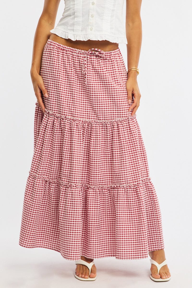Red Check Tiered Maxi Skirt Elastic Waist Lined for Ally Fashion
