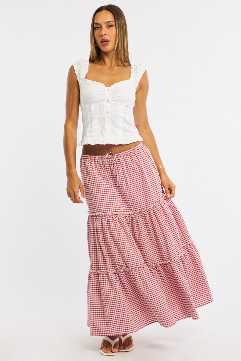 Red Check Tiered Maxi Skirt Elastic Waist Lined for Ally Fashion