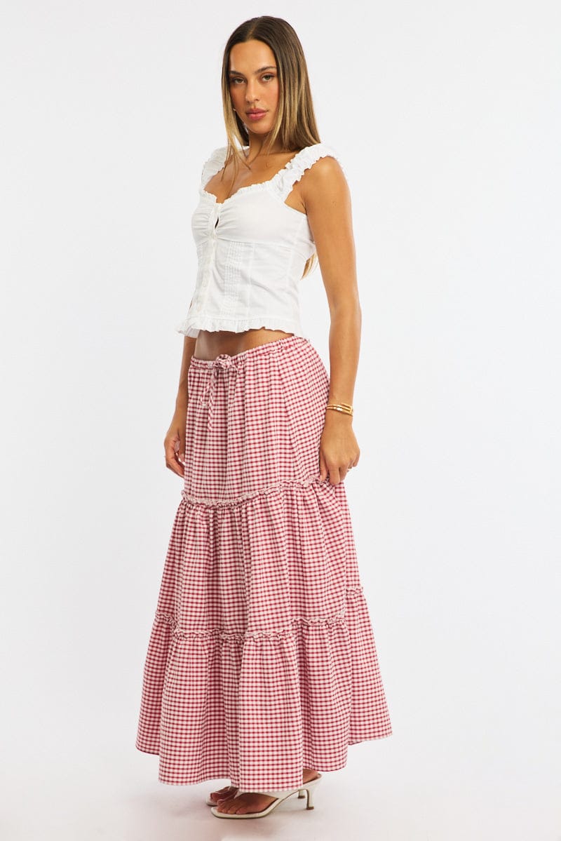 Red Check Tiered Maxi Skirt Elastic Waist Lined for Ally Fashion