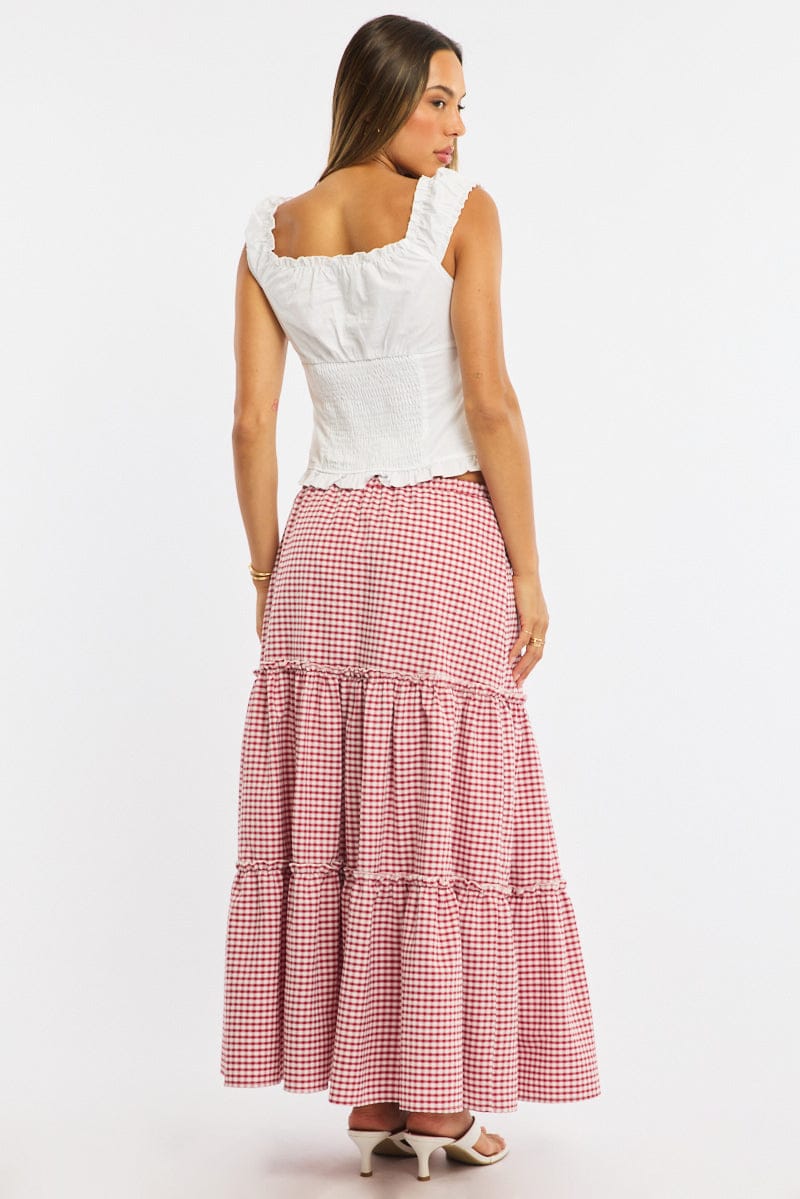 Red Check Tiered Maxi Skirt Elastic Waist Lined for Ally Fashion
