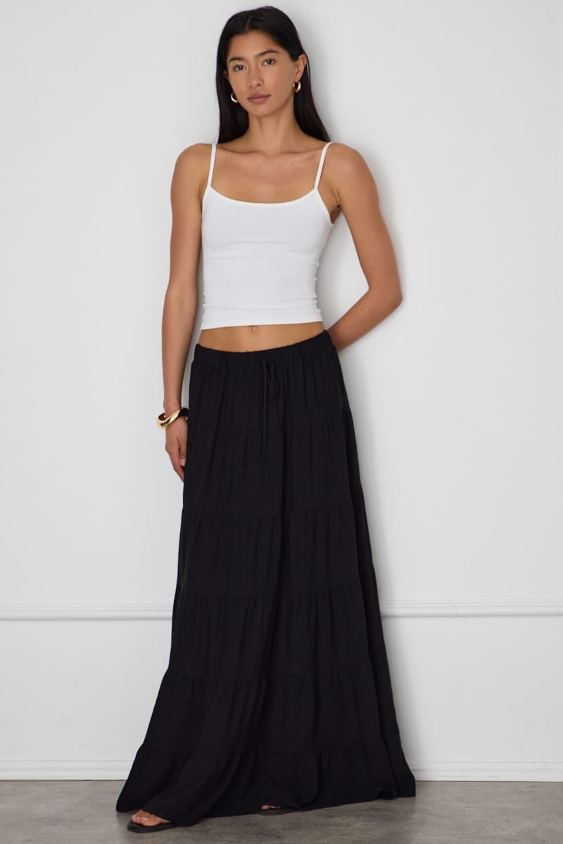 Black Maxi Skirt Tiered High Rise Lined for Ally Fashion