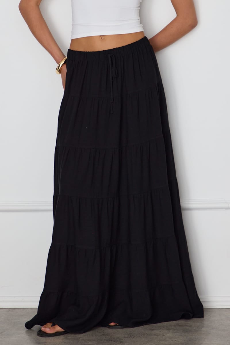 Black Maxi Skirt Tiered High Rise Lined for Ally Fashion