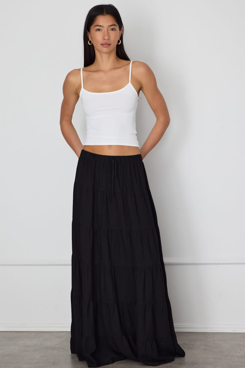 Black Maxi Skirt Tiered High Rise Lined for Ally Fashion