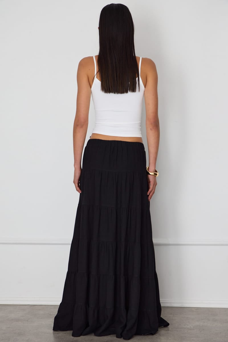 Black Maxi Skirt Tiered High Rise Lined for Ally Fashion
