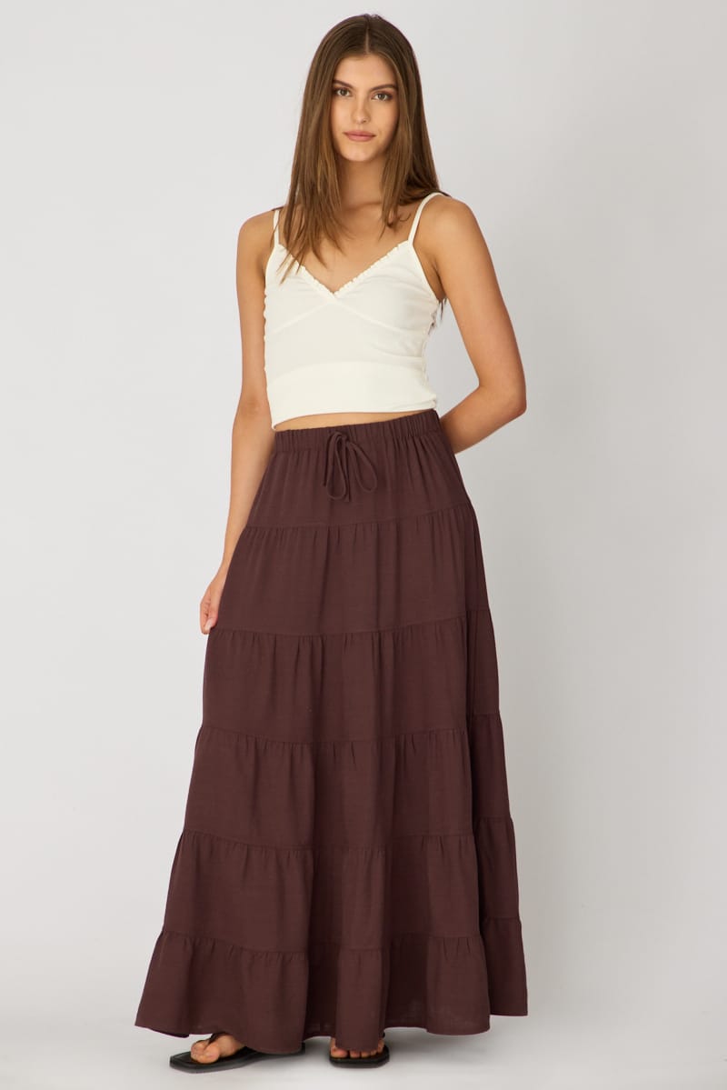 Brown Maxi Skirt Tiered High Rise Lined for Ally Fashion
