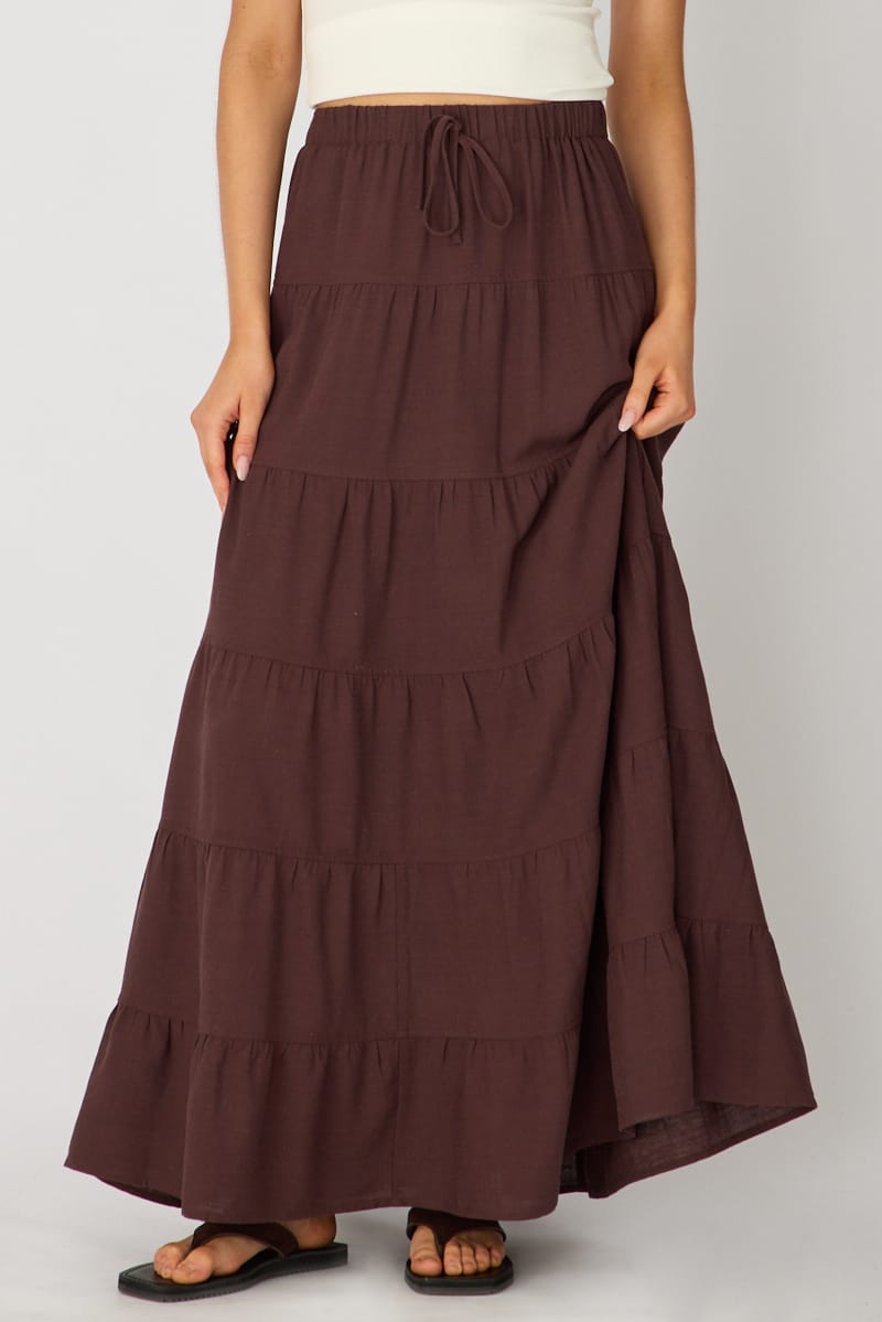 Brown Maxi Skirt Tiered High Rise Lined for Ally Fashion