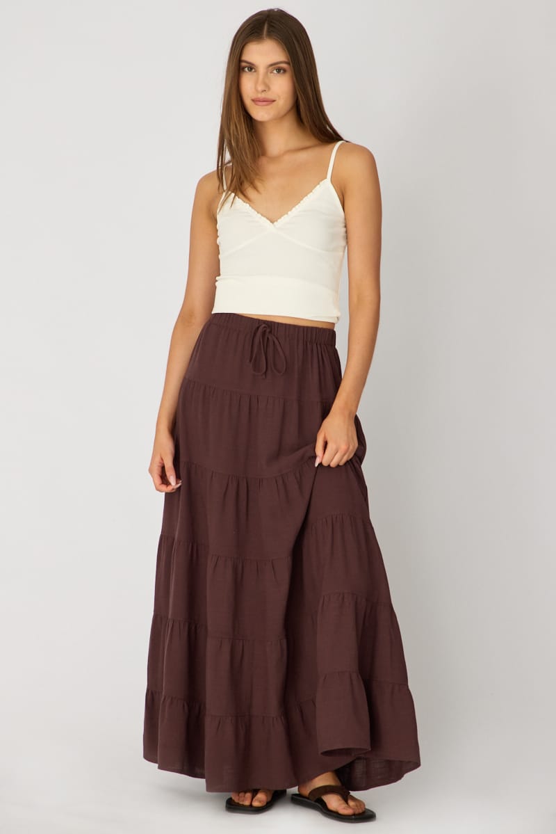 Brown Maxi Skirt Tiered High Rise Lined for Ally Fashion