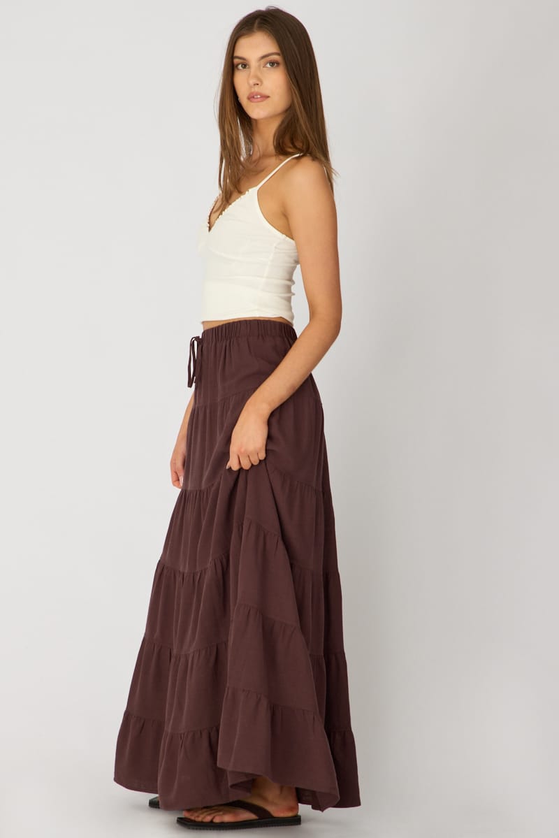 Brown Maxi Skirt Tiered High Rise Lined for Ally Fashion