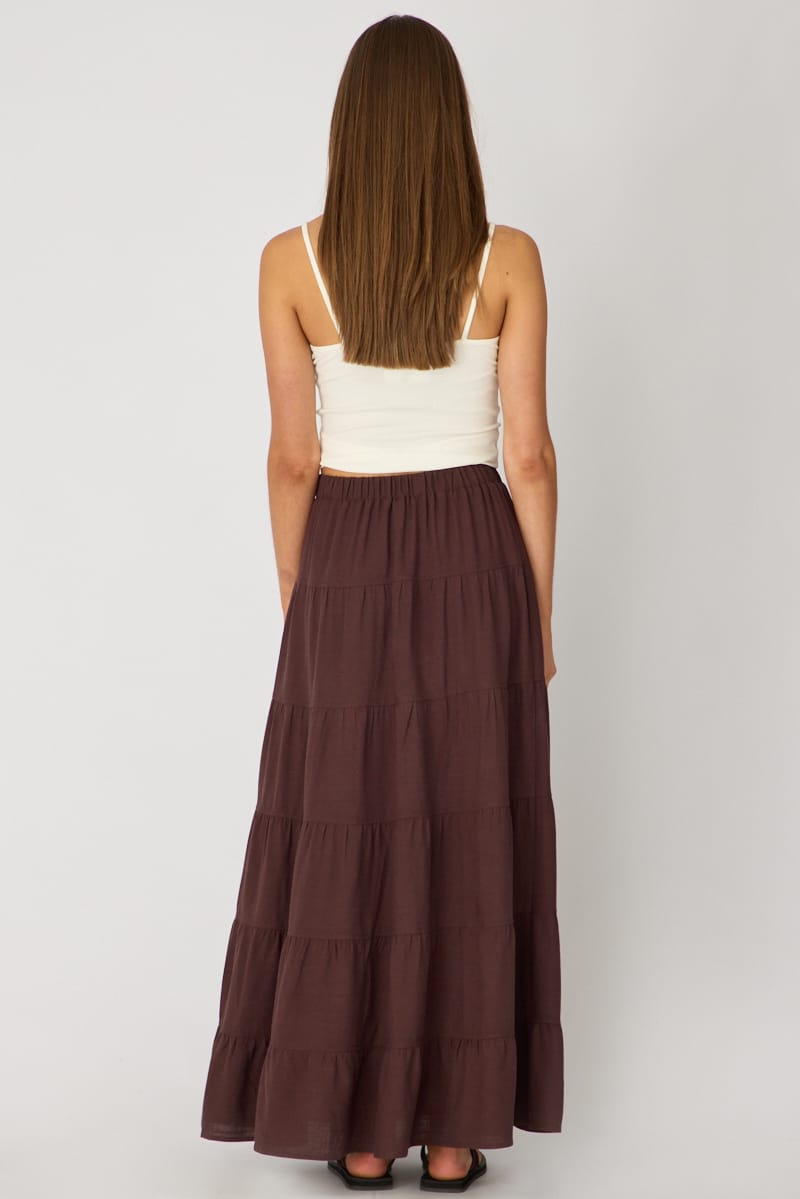 Brown Maxi Skirt Tiered High Rise Lined for Ally Fashion