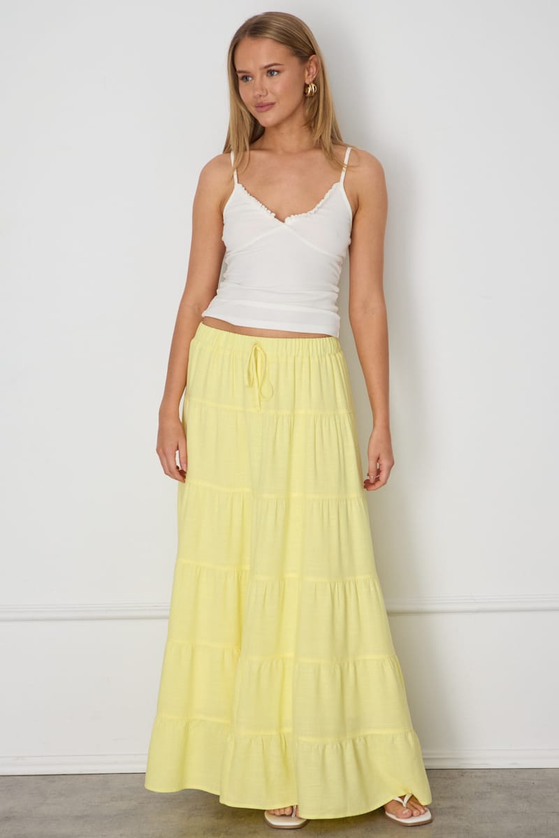 Yellow Maxi Skirt Tiered High Rise Lined for Ally Fashion