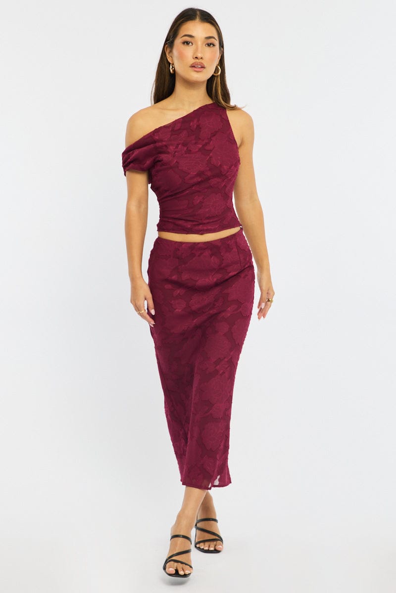 Red Maxi Skirt High Rise Textured Lined for Ally Fashion
