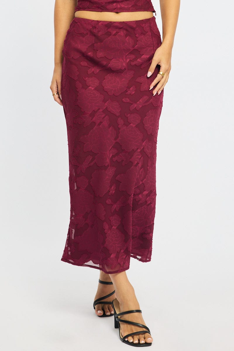 Red Maxi Skirt High Rise Textured Lined for Ally Fashion