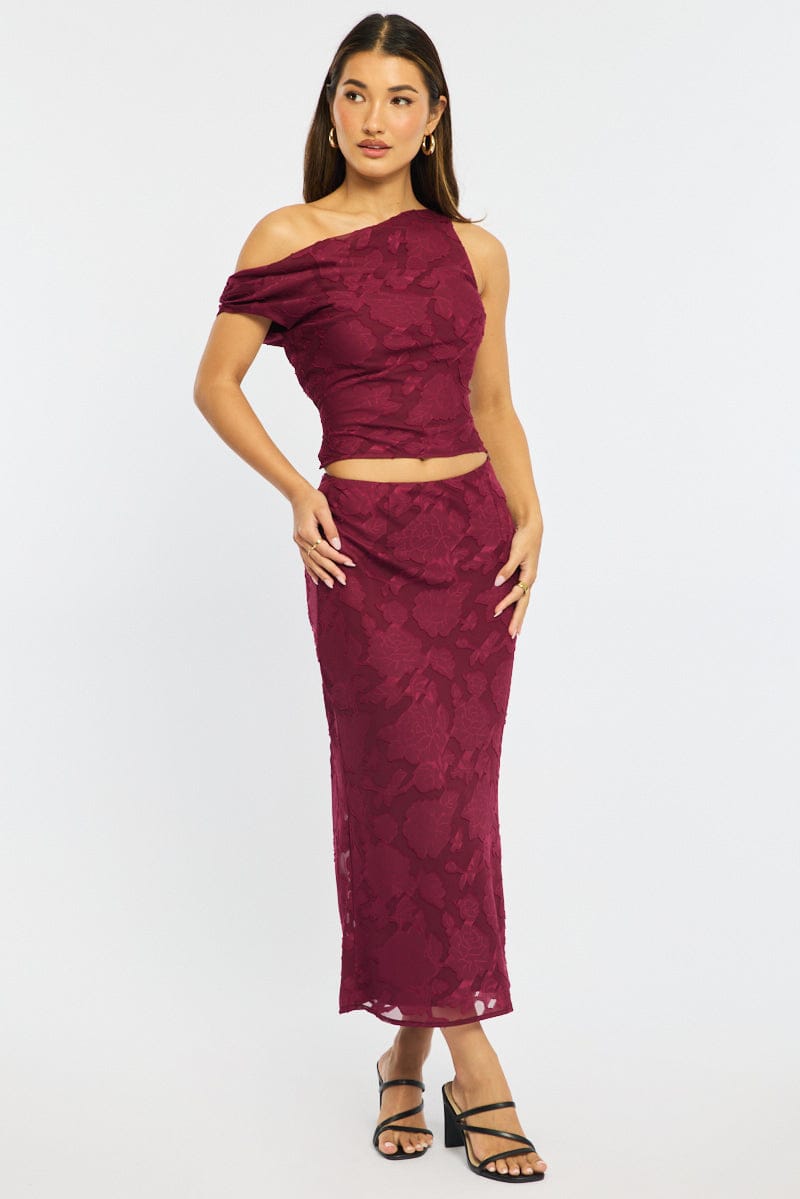 Red Maxi Skirt High Rise Textured Lined for Ally Fashion