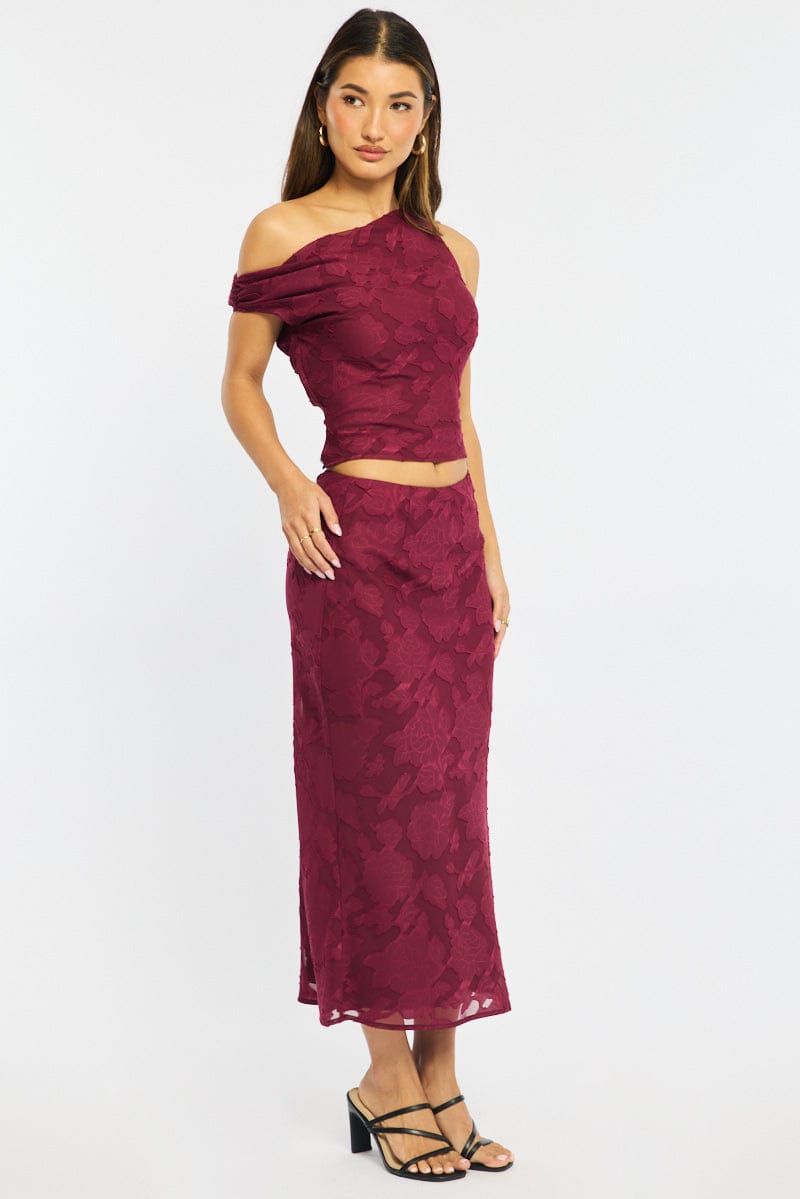 Red Maxi Skirt High Rise Textured Lined for Ally Fashion