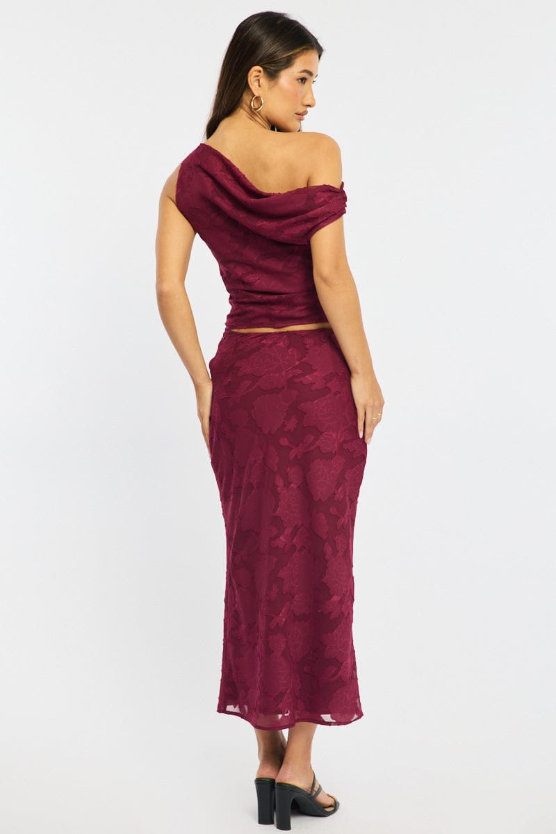 Red Maxi Skirt High Rise Textured Lined for Ally Fashion