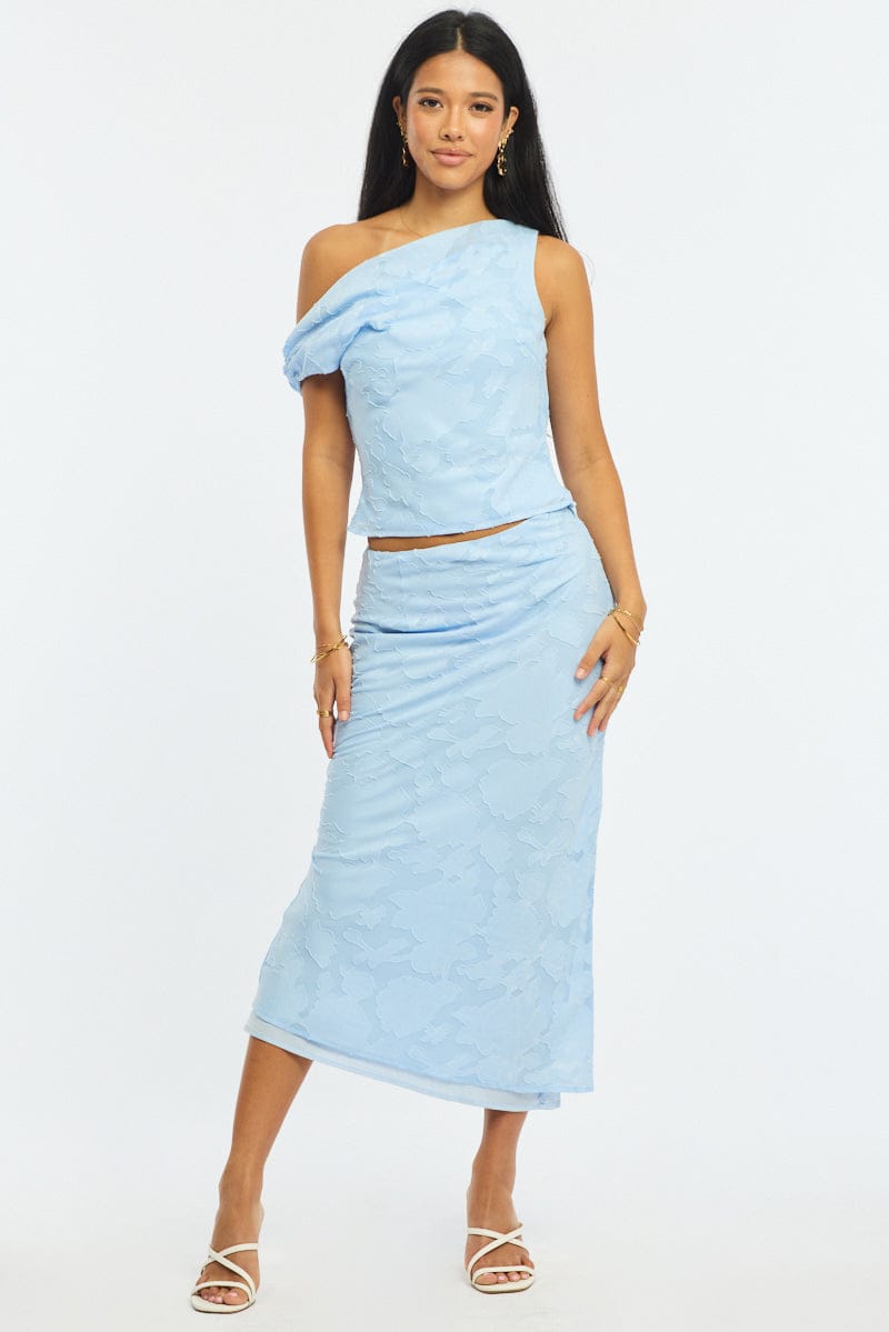 Blue Maxi Skirt High Rise Textured Lined for Ally Fashion