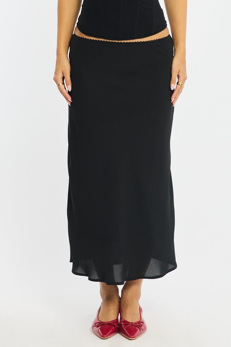 Black Midi Skirt Mid Rise Chiffon Lined for Ally Fashion
