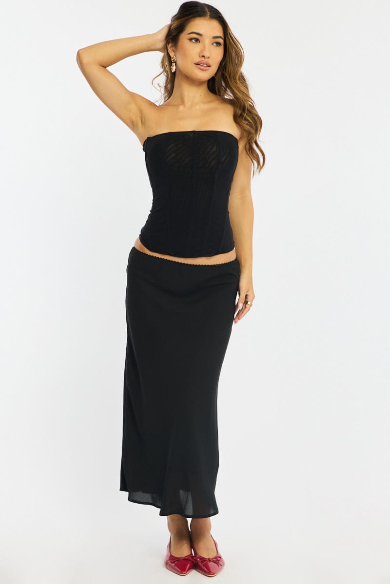 Black Midi Skirt Mid Rise Chiffon Lined for Ally Fashion