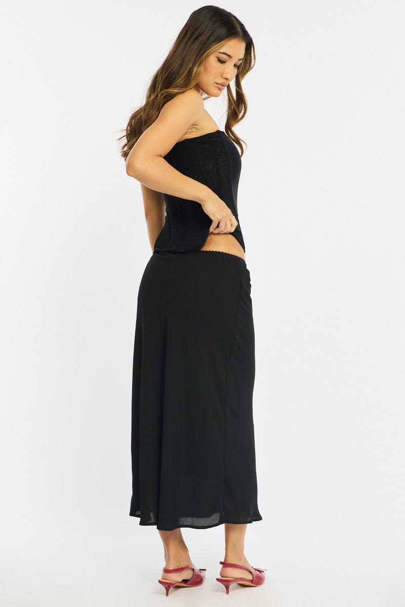 Black Midi Skirt Mid Rise Chiffon Lined for Ally Fashion