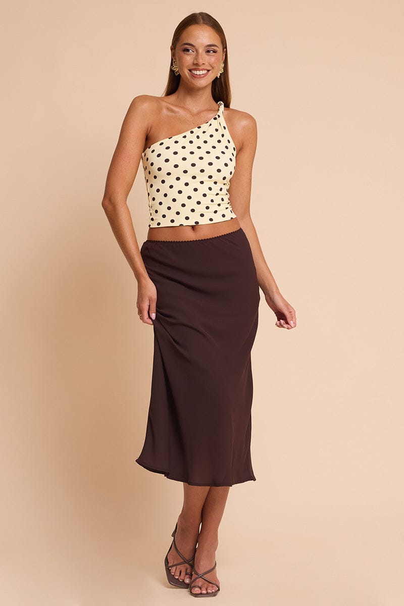 Brown Midi Skirt Mid Rise Chiffon Lined for Ally Fashion