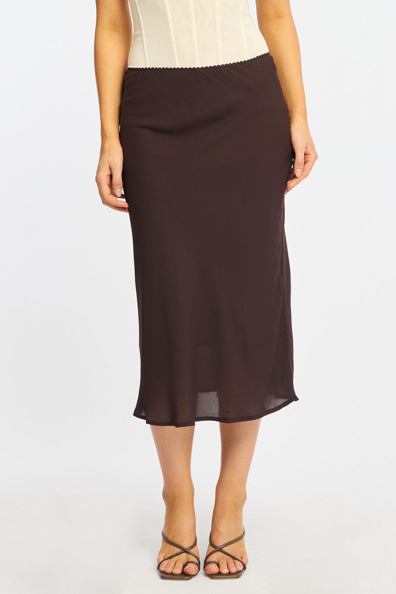Brown Midi Skirt Mid Rise Chiffon Lined for Ally Fashion