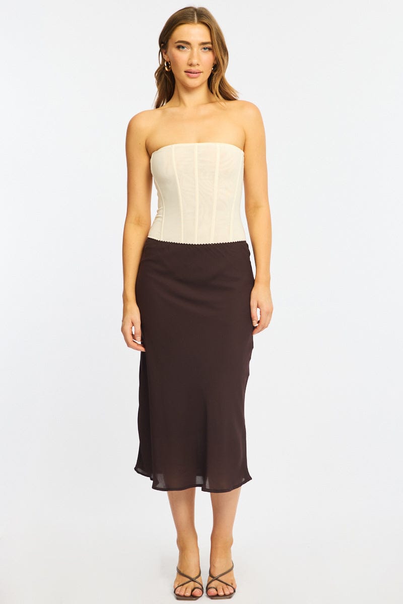 Brown Midi Skirt Mid Rise Chiffon Lined for Ally Fashion