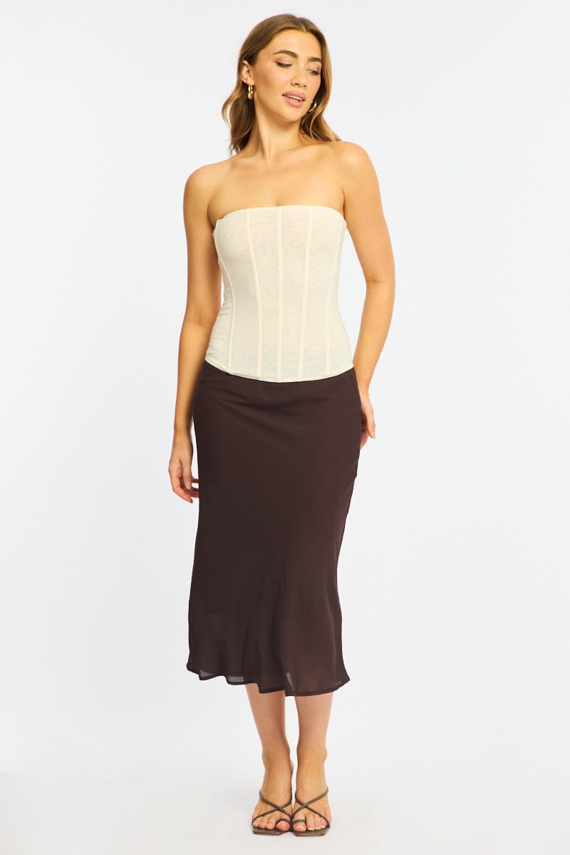 Brown Midi Skirt Mid Rise Chiffon Lined for Ally Fashion