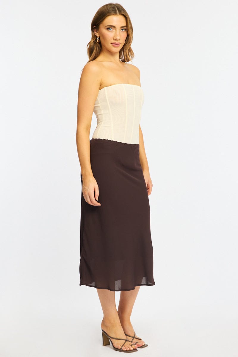 Brown Midi Skirt Mid Rise Chiffon Lined for Ally Fashion