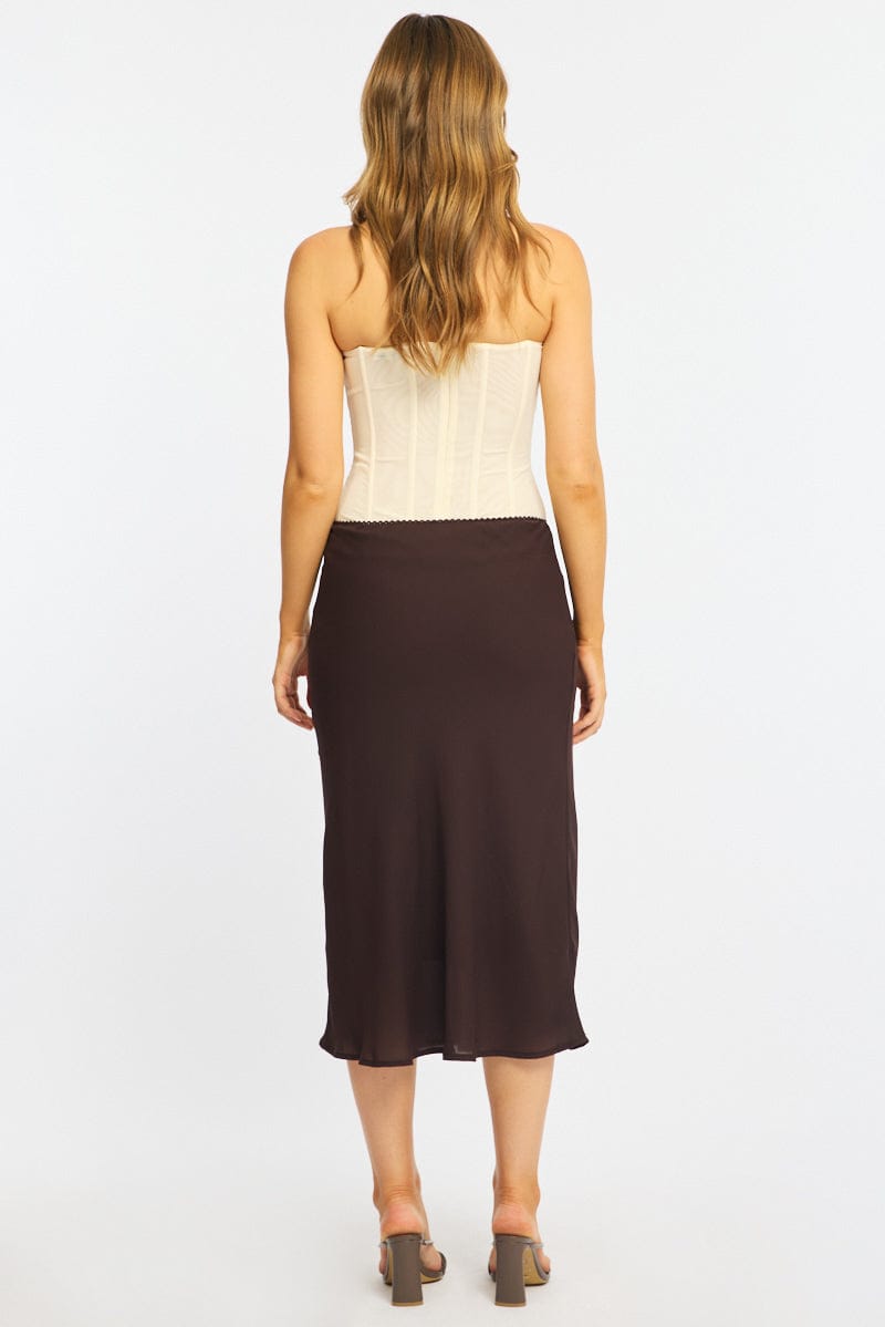 Brown Midi Skirt Mid Rise Chiffon Lined for Ally Fashion