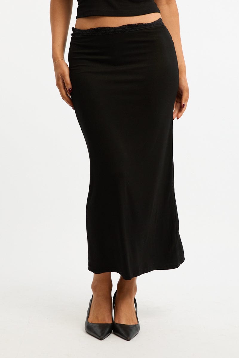 Black Maxi Skirt Elasticated Lace Trim Jersey Lined for Ally Fashion