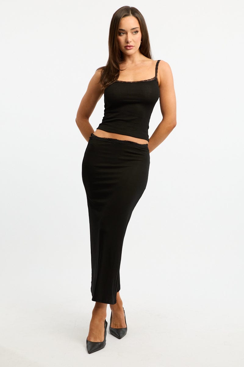 Black Maxi Skirt Elasticated Lace Trim Jersey Lined for Ally Fashion