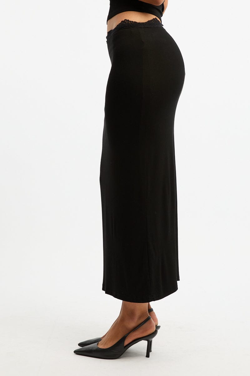 Black Maxi Skirt Elasticated Lace Trim Jersey Lined for Ally Fashion