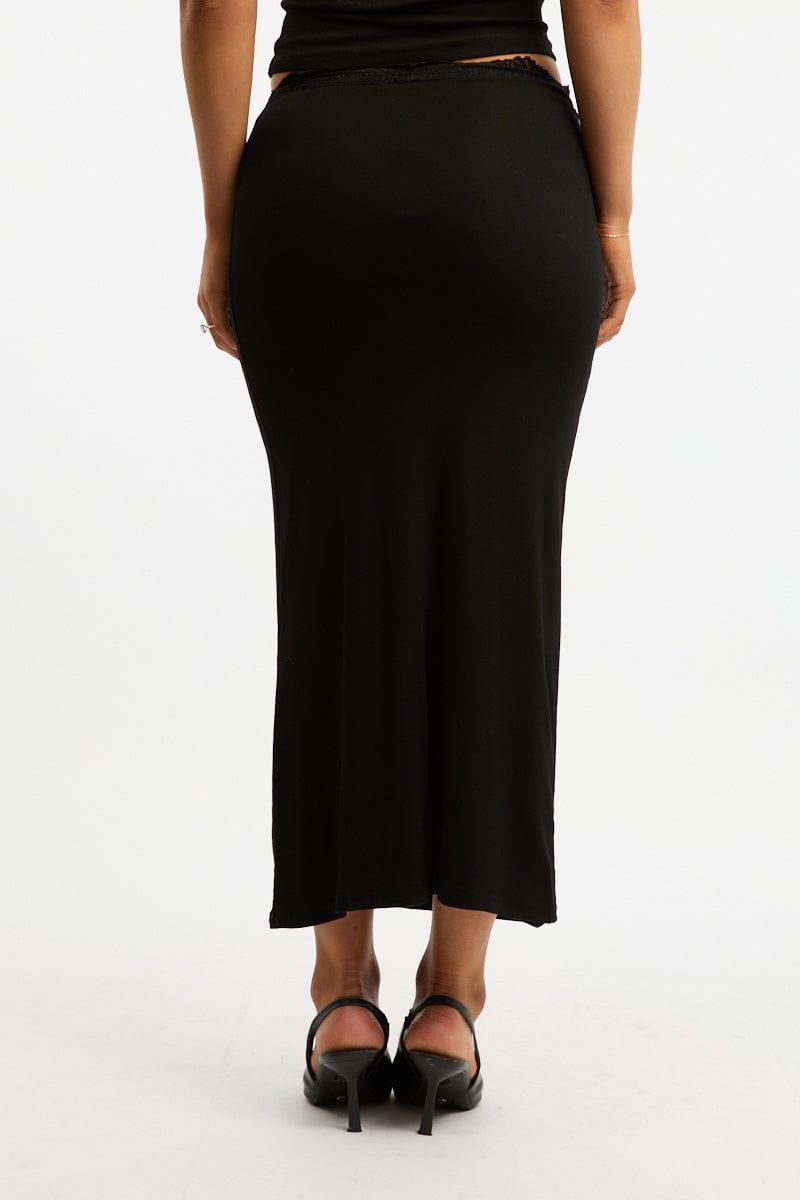 Black Maxi Skirt Elasticated Lace Trim Jersey Lined for Ally Fashion