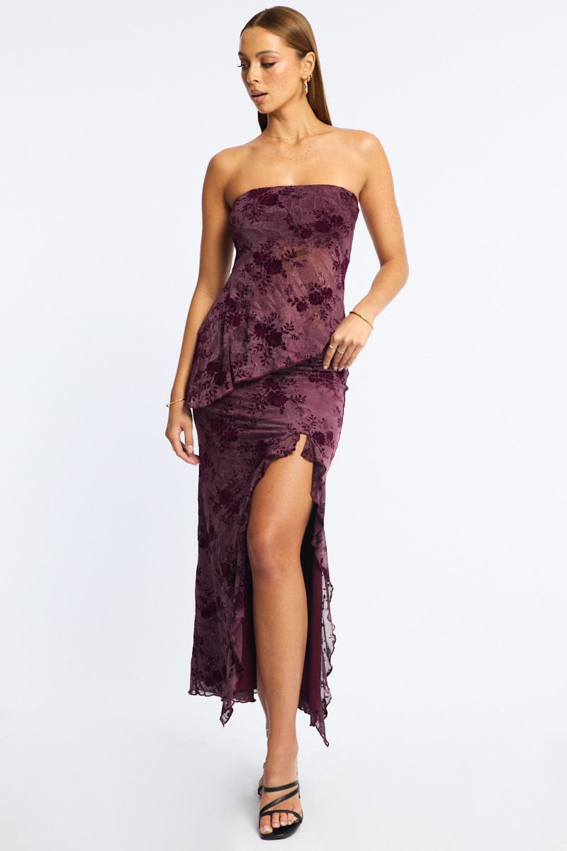 Red Maxi Skirt High Rise Ruffle Frill Hem Burnout for Ally Fashion