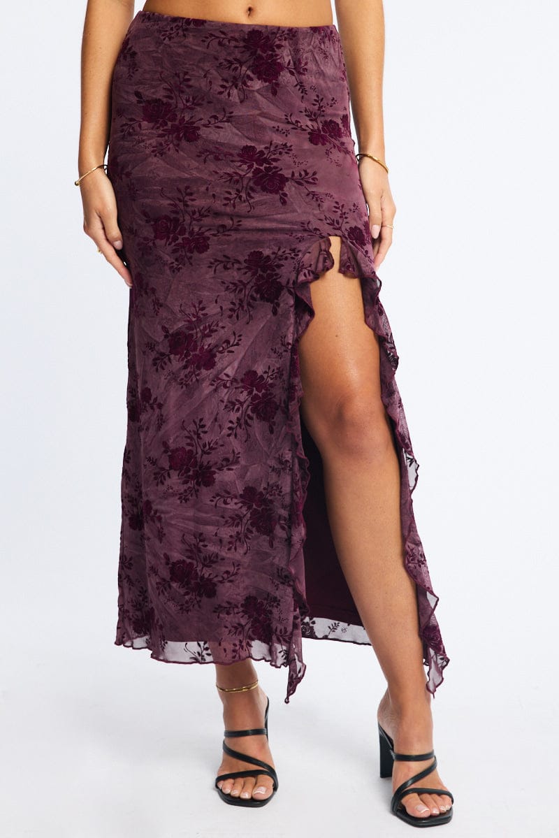 Red Maxi Skirt High Rise Ruffle Frill Hem Burnout for Ally Fashion