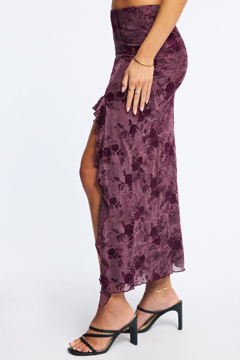 Red Maxi Skirt High Rise Ruffle Frill Hem Burnout for Ally Fashion
