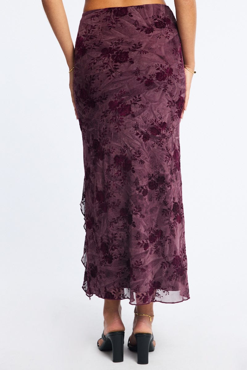Red Maxi Skirt High Rise Ruffle Frill Hem Burnout for Ally Fashion