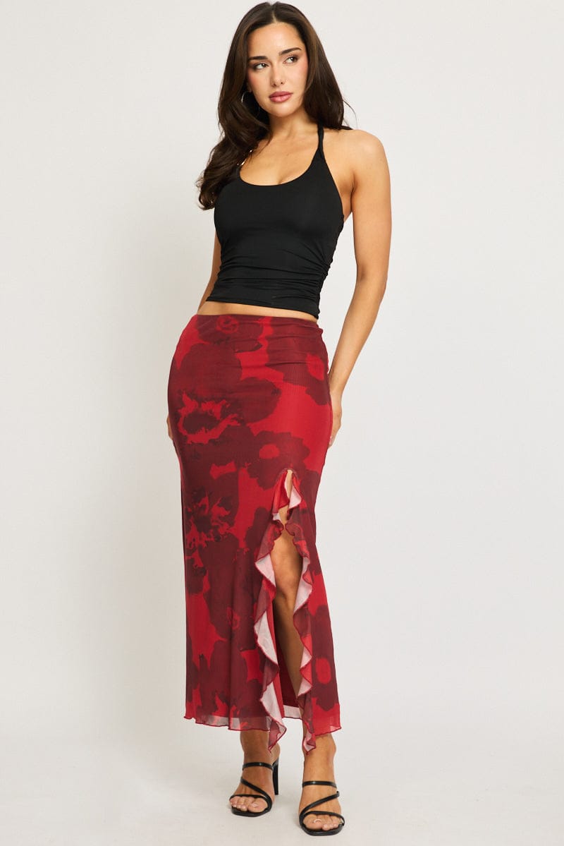 Red Floral Maxi Skirt High Rise Ruffled Frill Mesh for Ally Fashion