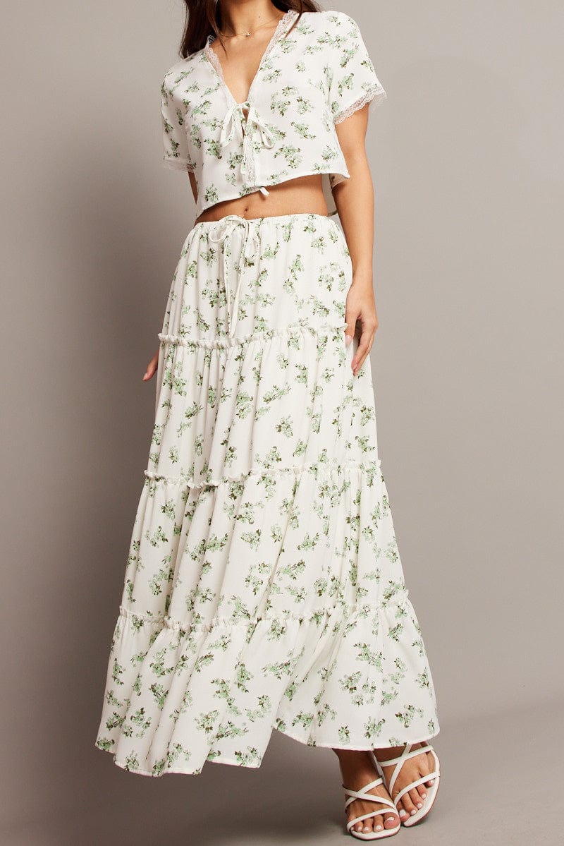 Green Floral Maxi Skirt Tiered High Rise Elastic Waistband for Ally Fashion