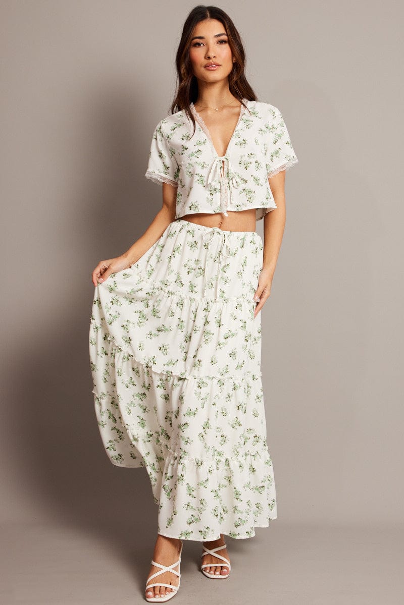 Green Floral Maxi Skirt Tiered High Rise Elastic Waistband for Ally Fashion