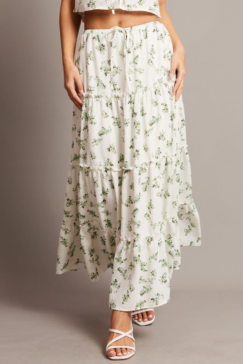 Green Floral Maxi Skirt Tiered High Rise Elastic Waistband for Ally Fashion