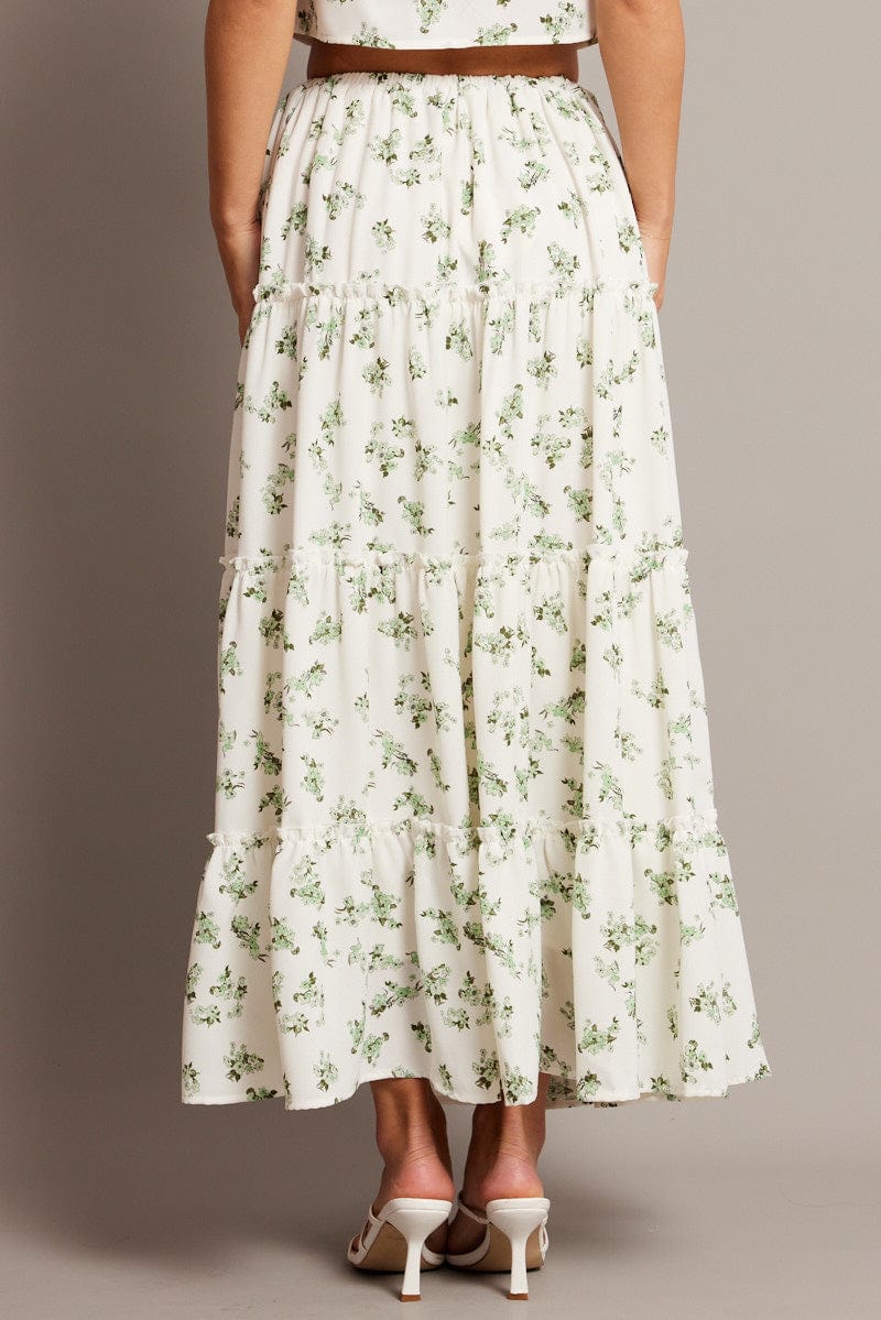 Green Floral Maxi Skirt Tiered High Rise Elastic Waistband for Ally Fashion