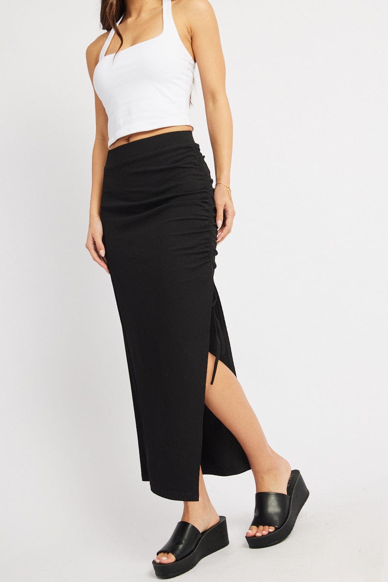 Black Midi Skirt High Rise Side Ruched Elastic Waistband for Ally Fashion